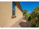 Brick-paved walkway next to a house with landscaping and a window at 2952 E Warbler Rd, Gilbert, AZ 85297