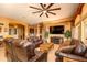 Living room with leather furniture and a stone fireplace at 17721 N Canal Dr, Surprise, AZ 85374