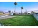 Spacious grassy backyard with mature palm trees and block wall at 413 W Marco Polo Rd, Phoenix, AZ 85027