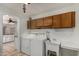 Convenient laundry room including washer, dryer, sink, storage cabinet, and countertop at 4054 E Clovis Cir, Mesa, AZ 85206