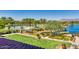 Resort-style pool with palm trees and a lake view at 42493 W Candyland Pl, Maricopa, AZ 85138