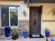 Inviting front entrance with dark brown door and blue planters at 17531 W Liberty Ln, Goodyear, AZ 85338