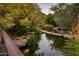Backyard pond featuring stone steps with lush landscaping and serene water feature at 5747 E Mockingbird Ln, Paradise Valley, AZ 85253