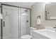 Modern bathroom with a marble shower and white vanity at 7625 E Camelback Rd # B148, Scottsdale, AZ 85251