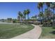 Scenic paved path surrounded by lush grass and palm trees, near a pond at 17833 W Verdin Rd, Goodyear, AZ 85338