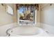 Luxurious bathroom featuring a large, oval soaking tub and a window with backyard views at 19275 N 88Th Way, Scottsdale, AZ 85255