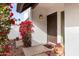 Dark brown front door entry with vibrant bougainvillea and stone accents at 530 E Calavar Rd, Phoenix, AZ 85022