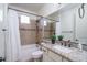 Bathroom with shower/tub combo, granite vanity, and white cabinets at 28226 N Crook Ct, Rio Verde, AZ 85263