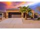 One-story house with brown garage door, palm tree, and landscaped yard at 41838 W Chatham Pl, Maricopa, AZ 85138