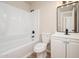 Clean bathroom, featuring a shower/tub combo and white vanity at 5855 N 48Th Ave, Glendale, AZ 85301