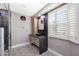 Elegant bathroom with dark vanity and herringbone floors at 6912 E Larkspur Dr, Scottsdale, AZ 85254