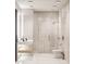 Bright bathroom featuring modern fixtures, a glass-enclosed shower, and light stone tile at 11612 N 86Th St, Scottsdale, AZ 85260