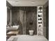 Modern bathroom featuring a sleek floating vanity, a shower with glass doors, and dark marble walls at 11612 N 86Th St, Scottsdale, AZ 85260