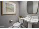 Elegant powder room with a pedestal sink and modern fixtures at 26698 N 104Th Way, Scottsdale, AZ 85262