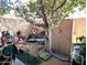 Cozy backyard with a large tree, string lights, and pet areas at 4043 E Arbor Ave, Mesa, AZ 85206