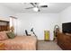 Bright main bedroom featuring carpet floors, ceiling fan, exercise bike, and wood furniture at 968 W Breckenridge Ave, Gilbert, AZ 85233
