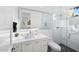 Modern bathroom featuring a glass-enclosed shower and a stylish vanity with white countertops at 6235 E Montecito Ave, Scottsdale, AZ 85251