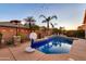 Inviting backyard pool area with palm trees, string lights, and a charming basketball hoop for Gathering fun at 10851 E Sonrisa Ave, Mesa, AZ 85212