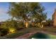 Landscaped backyard with mature trees and ambient lighting at 9950 E Sundance Trl, Scottsdale, AZ 85262