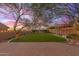 Landscaped backyard with artificial turf, string lights, and a brick patio at 18196 N 92Nd St, Scottsdale, AZ 85255