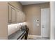 This office offers stylish cabinets, a sleek desk, and modern lighting, creating a functional workspace at 1457 E Copper Holw, Queen Creek, AZ 85140