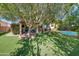 Spacious backyard with a large tree, putting green, and swimming pool at 1931 W Mulberry Dr, Chandler, AZ 85286