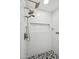 Modern shower featuring dual shower heads, built-in niche, and striking black and white patterned tile flooring at 2161 E Flintlock Way, Chandler, AZ 85286
