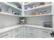 Pantry with white shelving, quartz countertops, and ample storage space for kitchen appliances at 2560 E Thornton Ct, Gilbert, AZ 85297