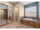 Bathroom boasts a soaking tub, shower and mirrored closet at 31689 N 128Th Dr, Peoria, AZ 85383