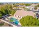 Bird's eye view of a home highlighting a beautiful swimming pool, patio area, and landscaped yard at 2939 E Huber St, Mesa, AZ 85213