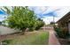 Landscaped backyard with a brick path, mature lemon tree, and covered patio at 8514 E Fairmount Ave, Scottsdale, AZ 85251