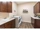 Functional laundry room with a sink, cabinetry, counter space, and modern washer/dryer units at 31419 N 41St Pl, Cave Creek, AZ 85331