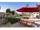 Backyard oasis with putting green, covered patio, and red umbrella at 1893 E San Carlos Pl, Chandler, AZ 85249