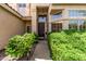 Front entry with dark brown door, lush landscaping, and a stone walkway at 302 S Laguna Dr, Gilbert, AZ 85233