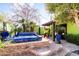 Inviting backyard hot tub featuring stacked stone, lush landscaping, and adjacent covered patio at 3519 N Pinto Ln, Scottsdale, AZ 85251