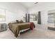 Comfortable bedroom with neutral carpet, ceiling fan, and natural light at 44520 W Windrose Dr, Maricopa, AZ 85138