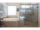 Spa-like bathroom with a large walk-in shower and a soaking tub at 2005 N 169Th Ave, Goodyear, AZ 85395