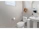 Clean bathroom with pedestal sink, toilet, and decorative wreath at 36811 N El Morro Trl, San Tan Valley, AZ 85140