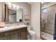 Bathroom with shower, toilet and vanity with modern design at 9505 E Superstition Mountain Dr, Gold Canyon, AZ 85118