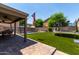 Landscaped backyard featuring a pool, covered patio, trampoline, and lush green lawn at 12378 W Roma Ave, Avondale, AZ 85392