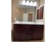 Double sink bathroom vanity with dark wood cabinets and mirror at 17274 W Morning Glory St, Goodyear, AZ 85338