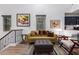 Cozy living room featuring a mustard sofa and statement art at 428 N Mahogany Ct, Gilbert, AZ 85233