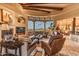 Living room features mountain views and comfortable leather furniture at 10473 E Greythorn Dr, Scottsdale, AZ 85262