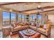 Open living area with comfortable seating, a projector, and panoramic windows at 10473 E Greythorn Dr, Scottsdale, AZ 85262
