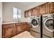 Laundry room with modern washer, dryer, and cabinetry at 4590 S Gold Canyon Dr, Gold Canyon, AZ 85118