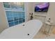 Bathroom featuring a modern tub, mounted TV, and a bright window at 18 W Kaler Dr, Phoenix, AZ 85021