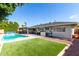 Expansive backyard featuring a pool, covered patio, lush lawn, and outdoor entertainment area at 2808 N Granite Reef Rd, Scottsdale, AZ 85257