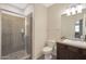 Clean bathroom with shower, toilet and vanity at 3501 E Apricot Ln, Gilbert, AZ 85298