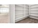 Walk-in closet with open white shelving and neutral colored carpeting, from bedroom at 7461 W Tumblewood Dr, Peoria, AZ 85382