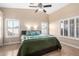 Bright bedroom with a queen bed, plantation shutters, and ceiling fan at 10506 W Pasadena Ave, Glendale, AZ 85307